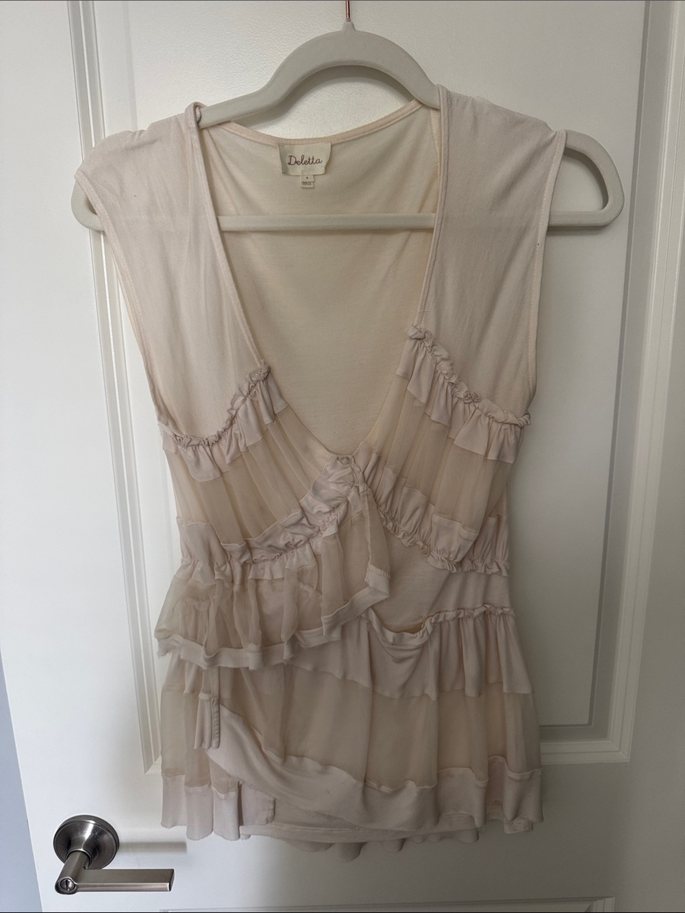 Deletta Pale Blush Ruffled V-Neck Sleeveless Top